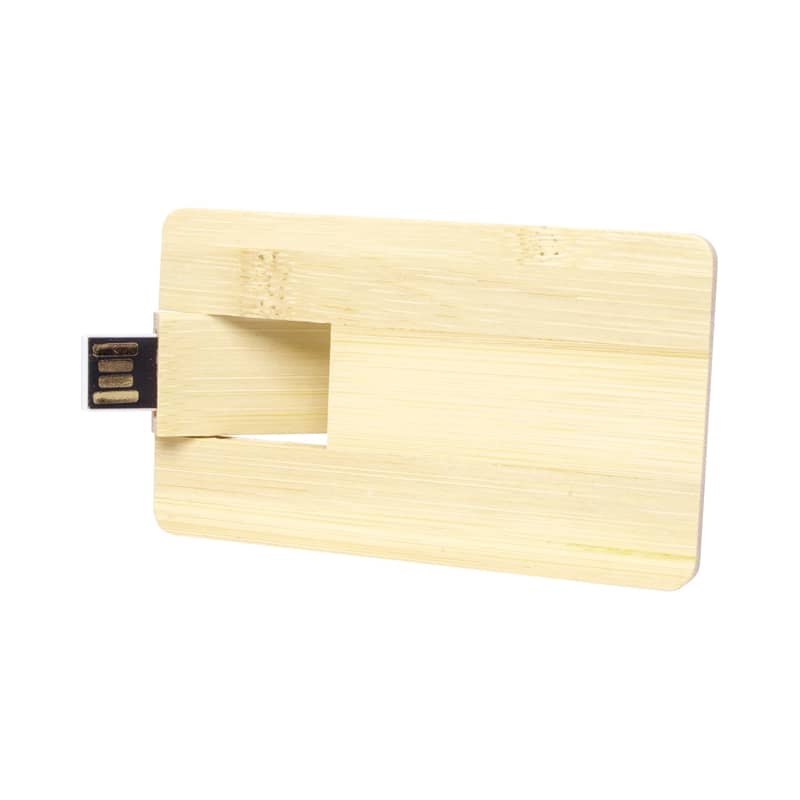 A bamboo credit card drive featuring a USB connector, designed in a sleek, natural wood finish. Bamboo Credit Card Drive - Image 1