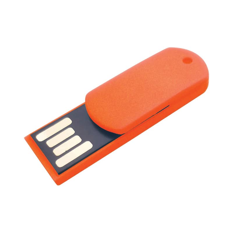 An orange paper clip flash drive with a removable cap and a branding logo. Paper Clip Flash Drive - Image 1