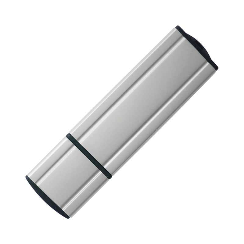 A silver flash drive with a black end, featuring a sleek, rectangular design and a logo. Permalite Flash Drive - Image 1