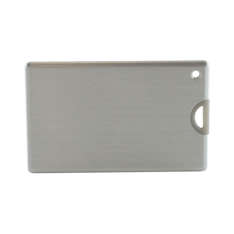 A sleek silver credit card-sized flash drive with a rounded corner and a hole for attachment, featuring a logo. Alu Slide Credit Card Drive - Image 1