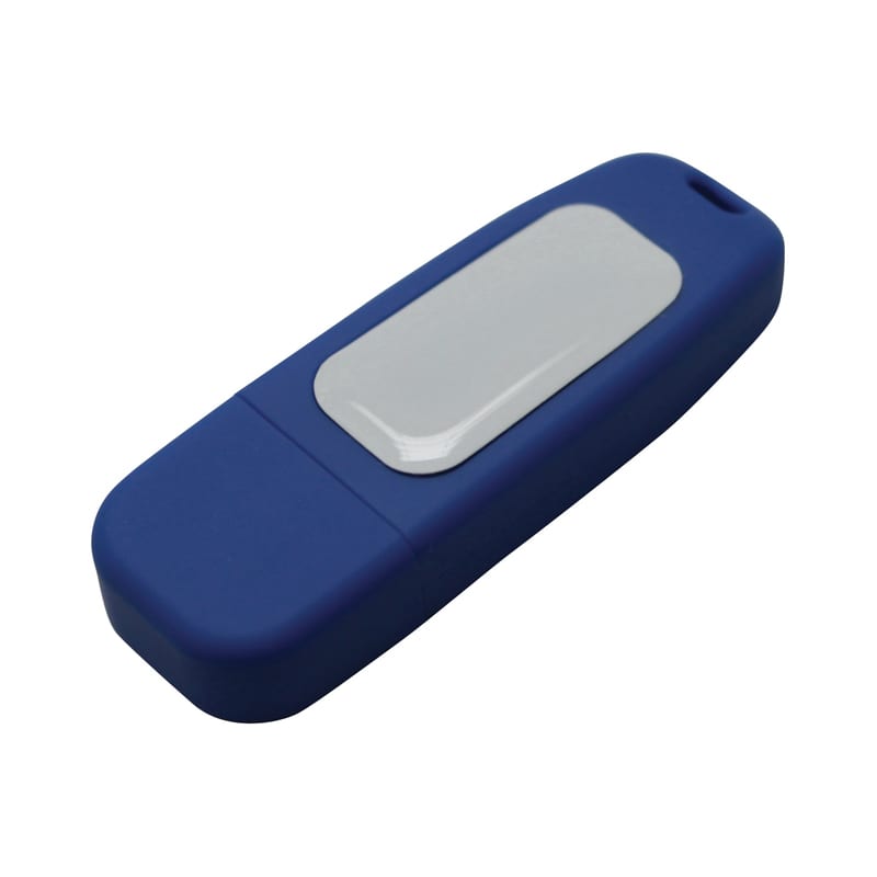 A blue flash drive with a silver panel, featuring branding on its surface. Ceres Flash Drive - Image 1