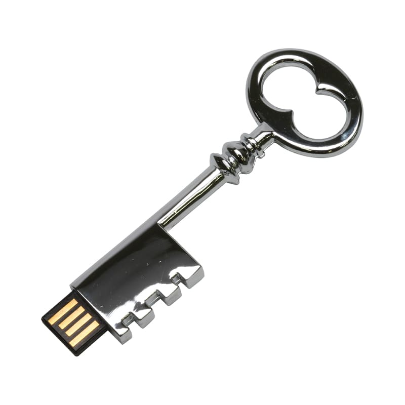 A silver skeleton key flash drive with a shiny finish and a USB connector at the end. Skeleton Key Flash Drive - Image 1