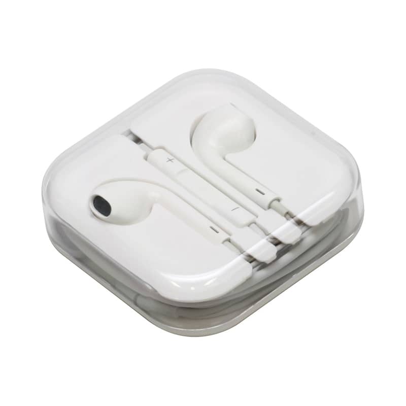A pair of white Razor cabled earphones packaged in a clear plastic case, featuring a logo. Razor Cabled Earphones - Image 1