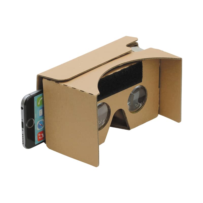 A pair of cardboard virtual reality glasses with a smartphone inserted, featuring clear lenses and a brown exterior. Virtual Reality Glasses - Image 1
