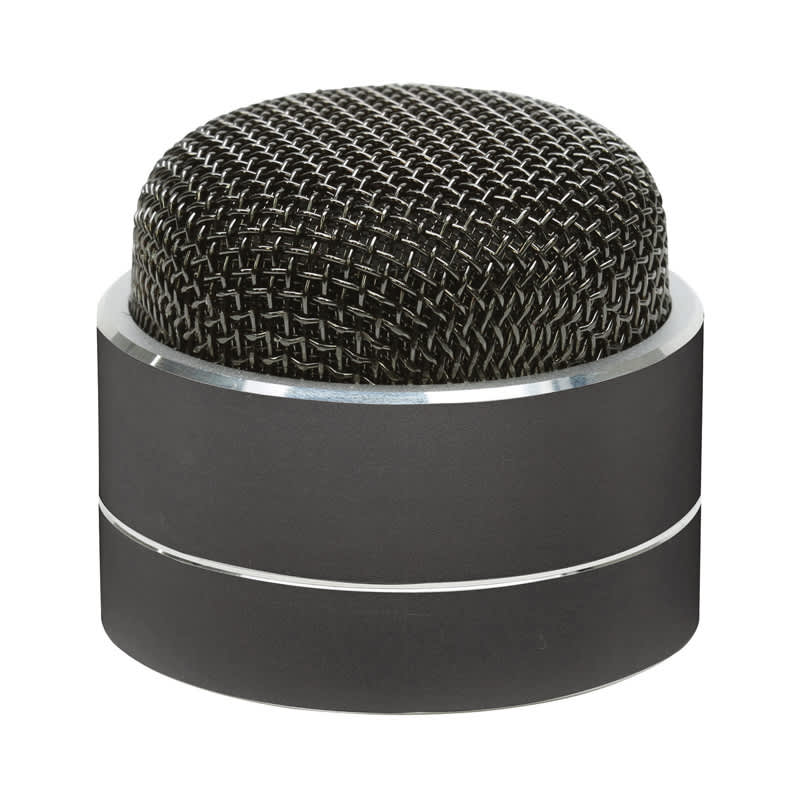 A round, sleek black Bluetooth speaker with a mesh top and metallic base, featuring a branding logo. Kenmore Bluetooth Speaker - Image 1