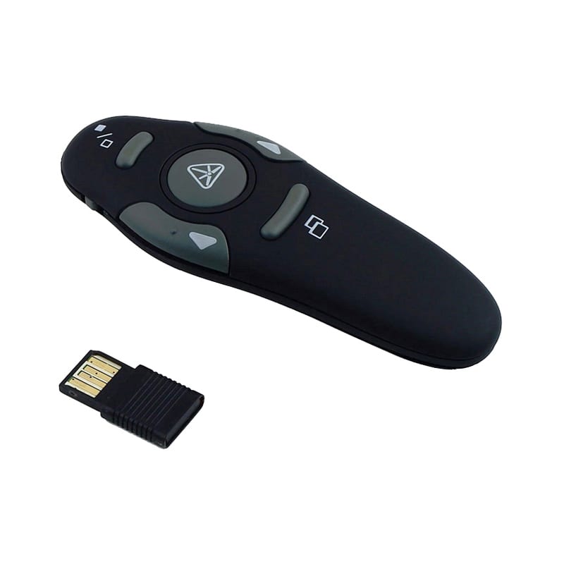 A black PowerPoint presenter remote with buttons and a USB receiver. Compact and ergonomic design. Maserow Powerpoint Presenter - Image 1