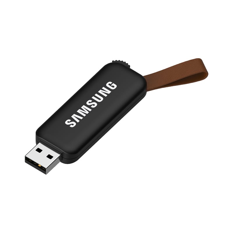 A black USB flash drive with a brown leather strap and a logo on the surface. Turin Flash Drive - Image 1