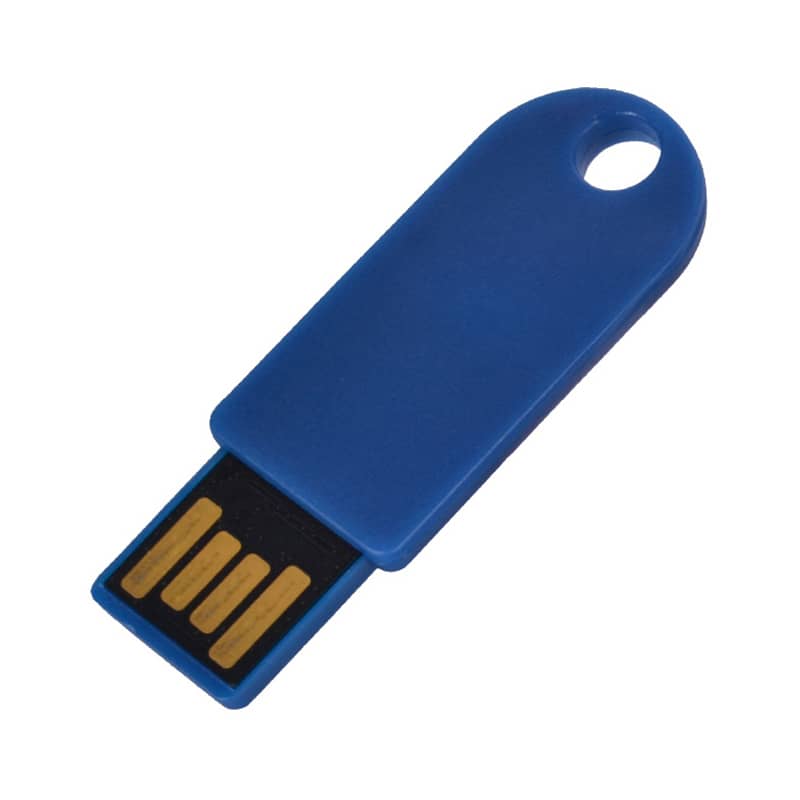 A blue flash drive with a slot for a keyring and gold connectors at one end. It has a logo on the surface. Mellenial Micro Flash Drive - Image 1