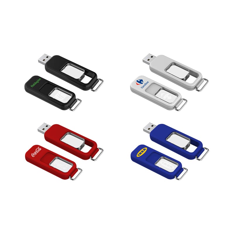 A collection of flash drives in red, black, blue, and white, featuring various logos and a retractable design. Bunda Light Flash Drive - Image 1