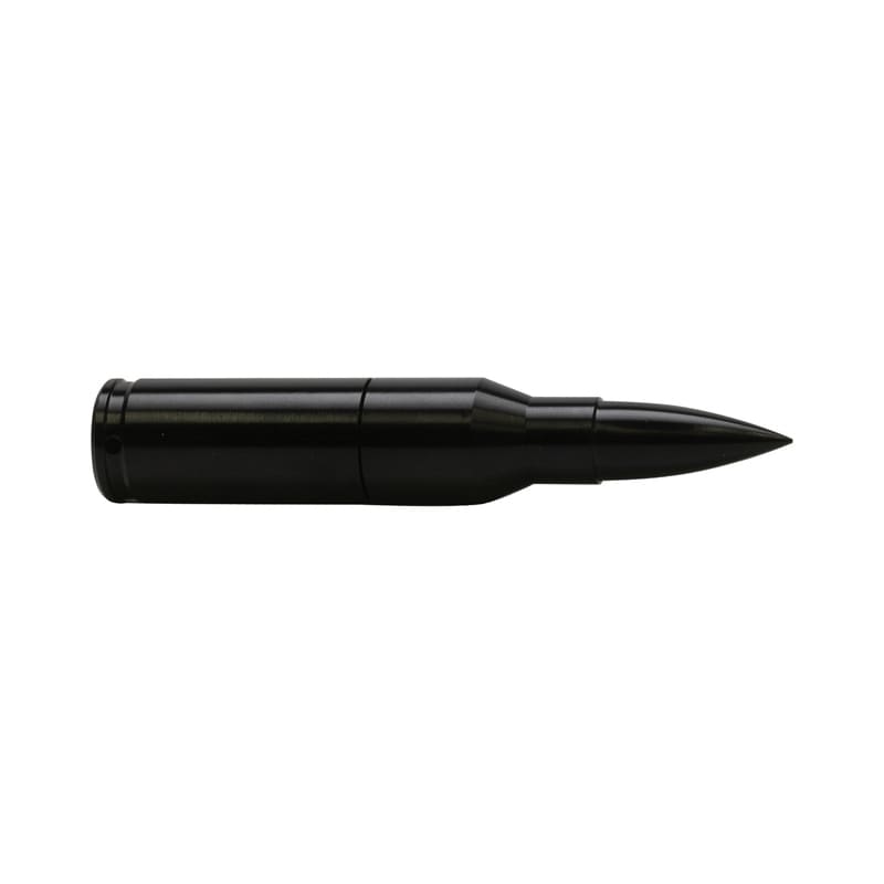 A black bullet-shaped flash drive featuring a sleek design and a logo. Bullet Flash Drive - Image 1