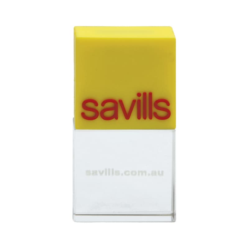A crystal flash drive with a clear bottom and a bright yellow top featuring a logo. Moulded 3D Crystal Flash Drive - Image 1