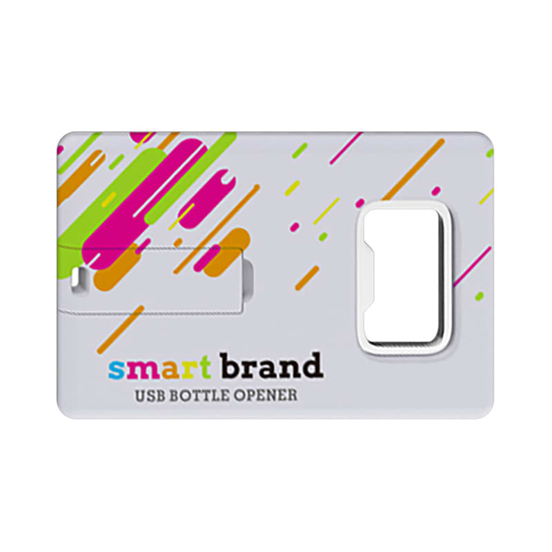 A drink bottle-shaped flash drive in grey, featuring colourful stripes and a logo. Includes a bottle opener functionality. BottlO Credit Card Flash Drive - Image 1