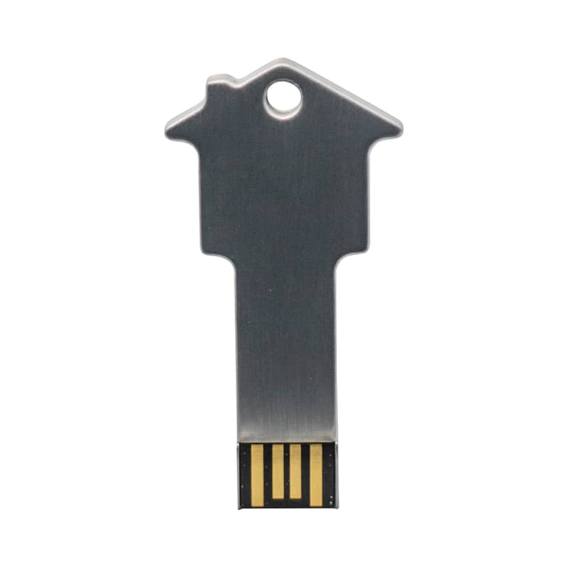 A silver USB flash drive shaped like a house key, featuring a gold connector and a key ring hole. House USB Flash Drive Key - Image 1