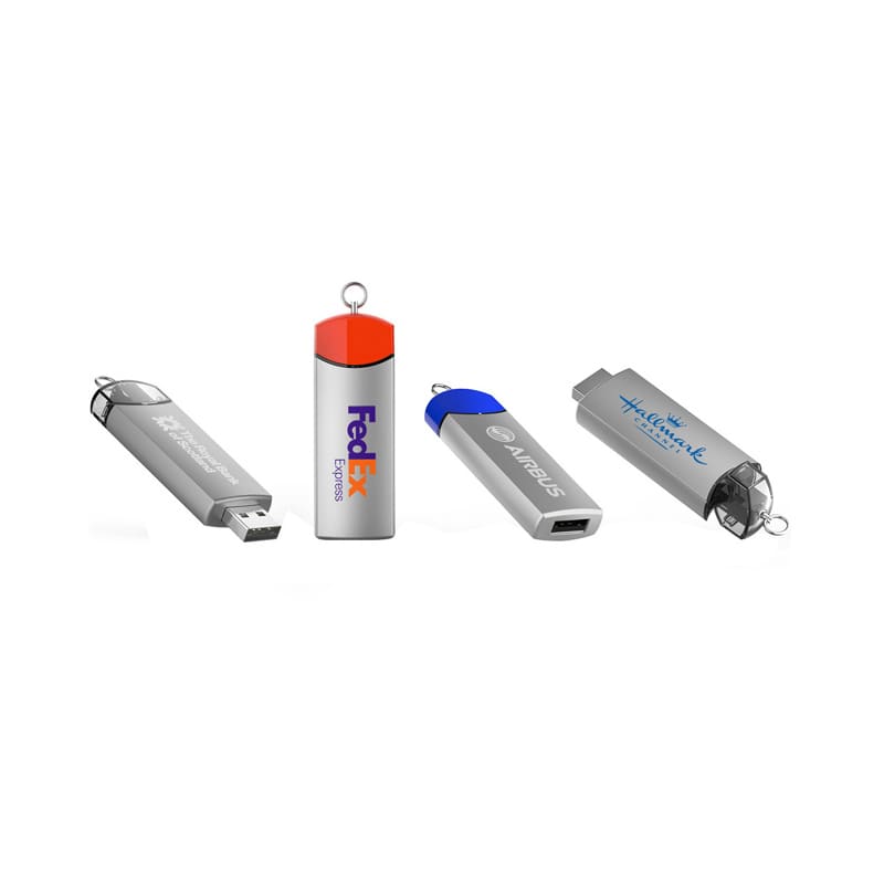 A collection of four metal flash drives in silver, orange, and blue, each featuring different shapes and a logo. Pavo Twist Metal Flash Drive - Image 1