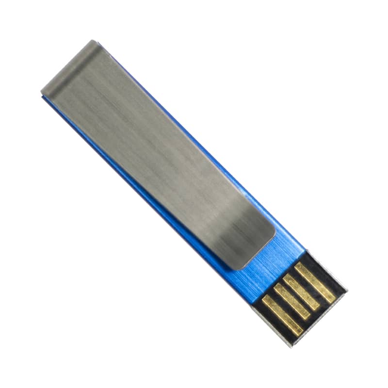 A blue flash drive with a metallic clip and gold connectors. The product features a logo. Intonium Flash Drive - Image 1