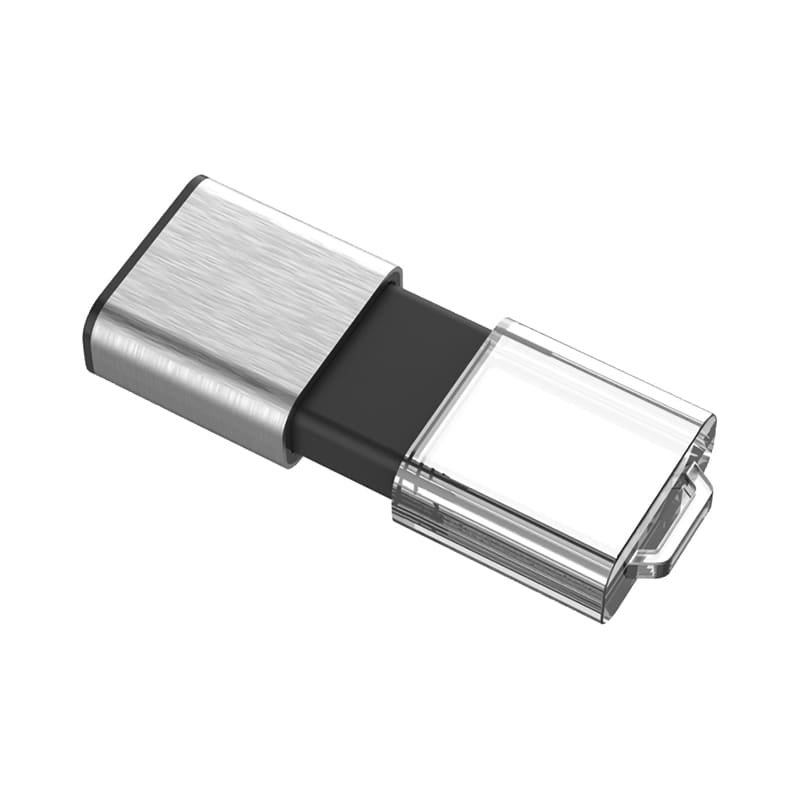 A silver and black flash drive with a transparent protective cover and a metal casing. Tabit Light Flash Drive - Image 1