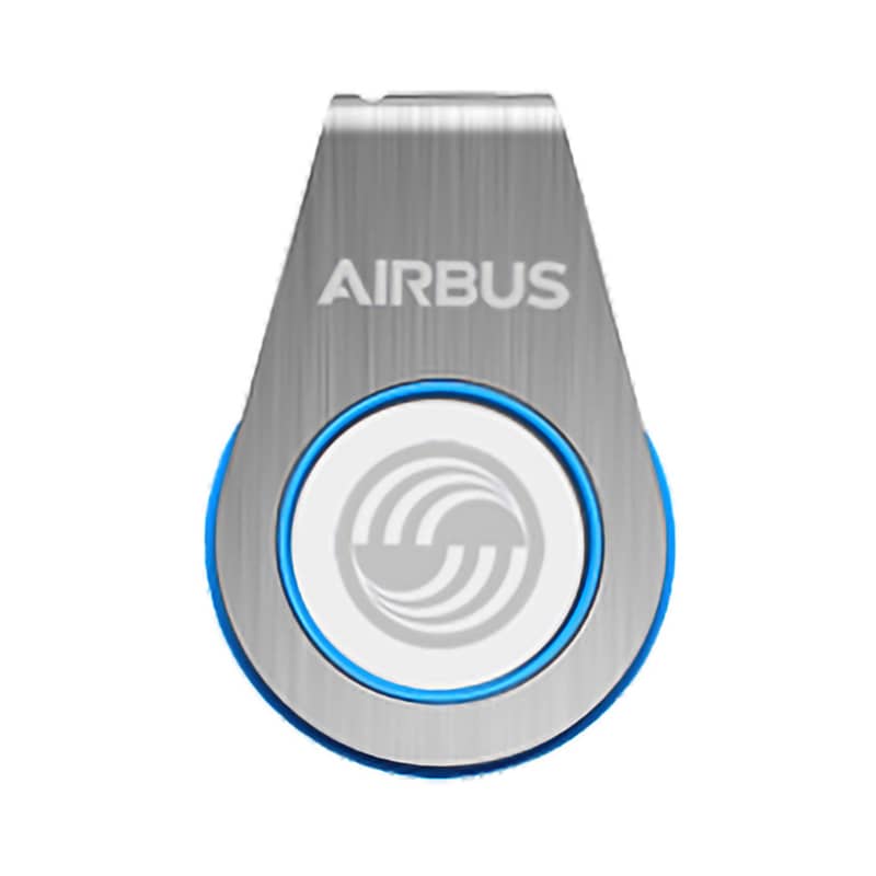 A silver flash drive with a blue accent and a circular design, featuring a logo on the front. Monika Light Up Flash Drive2.40 - Image 1