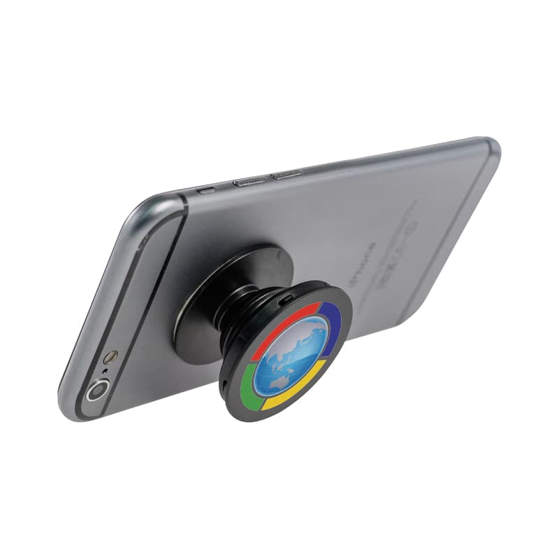 A black phone stand with a colourful circular design attached to the back of a smartphone. Pocket Socket Phone Stand - Image 1