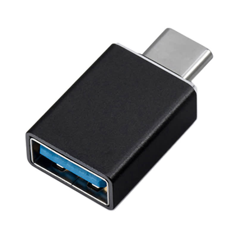 A black USB 3.0 to Type-C adapter with a blue connector port and sleek design. It features a logo. Adapto USB 3.0 to Type-C - Image 1