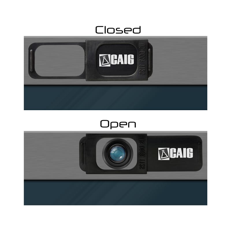 A webcam cover slide in black, shown in both closed and open positions, featuring a logo. WebCam Cover Slide (1.0) (Stock) - Image 1
