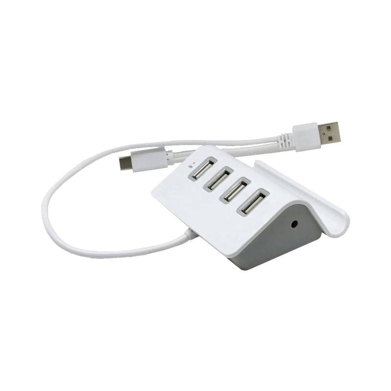 A white USB hub with four ports and a connecting cable, featuring a sleek, angled design. Media Hub Stand - Image 1
