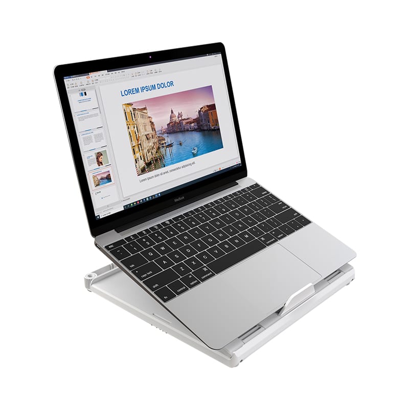 A foldable laptop stand in silver, supporting a laptop displaying a presentation on a white background. Milo Foldable Laptop Stand - Image 1
