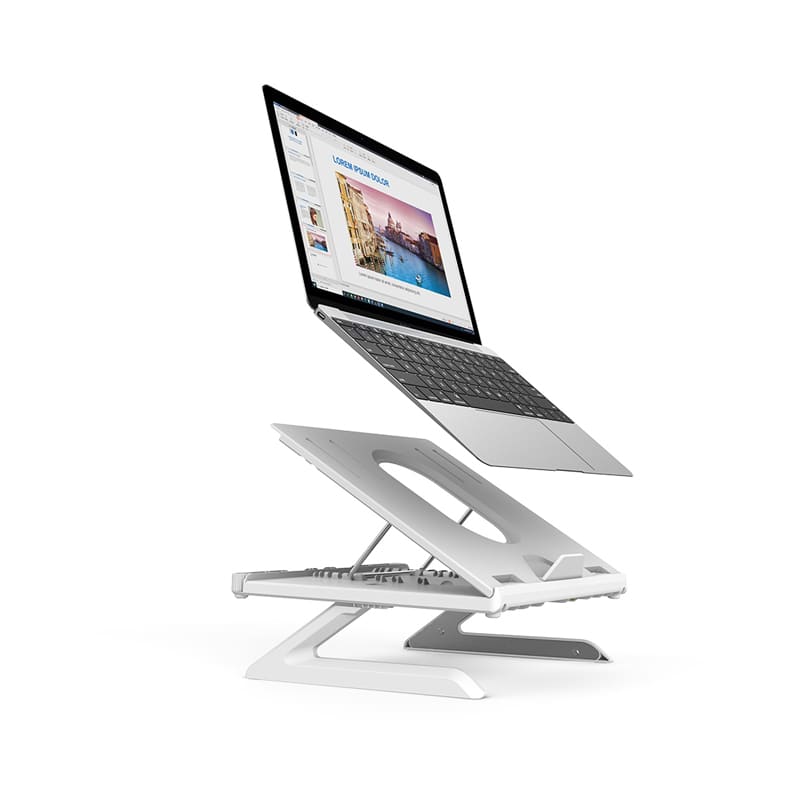 A white foldable laptop stand with an elevated laptop, designed for ergonomic use. It features a sleek, modern design. Milo Deluxe Foldable Laptop Stand - Image 1
