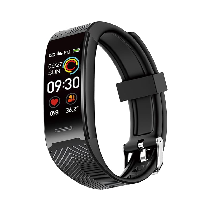 A black smart band featuring a rectangular display with various icons and a textured strap. It has a logo. Alcor Pro II Smart Band - Image 1