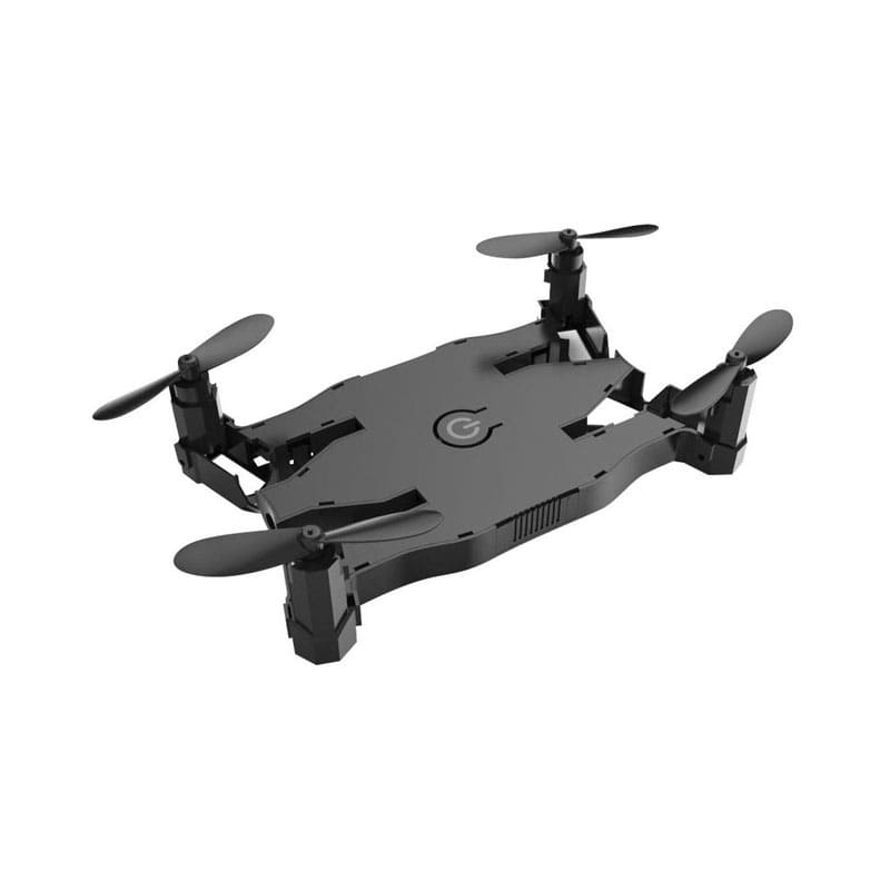 A foldable black drone with four propellers and a compact design, featuring a logo on top. Hornet Foldable Drone - Image 1