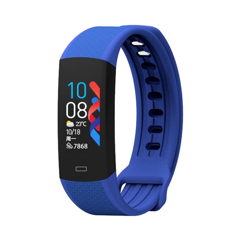 A blue smart band with a digital display and a textured silicone strap. It features a logo on the screen. Kelvin Smart Band - Image 1