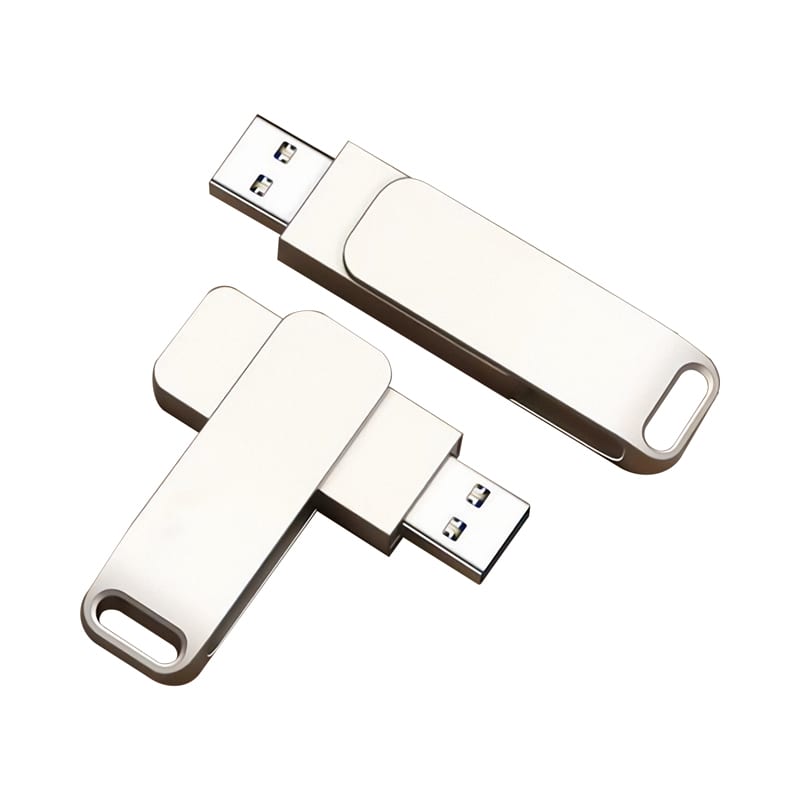 A silver USB flash drive with a sleek design, featuring two sizes side by side. It includes a branding logo. Executive Twist Flash Drive (USB3.0) - Image 1
