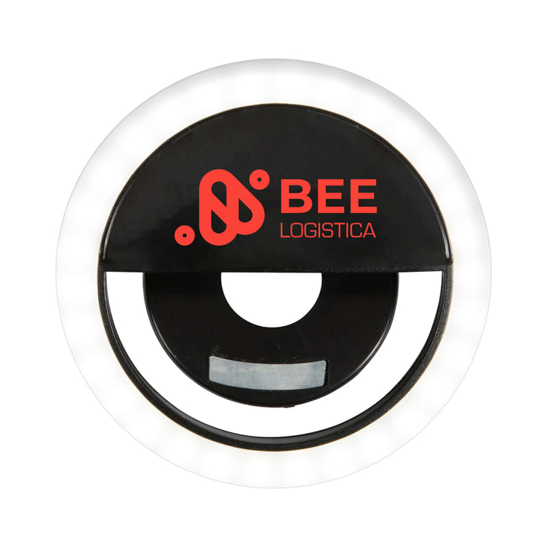 A round black LED selfie light with a glowing white rim and a logo in the centre. Smiley LED Selfie Light - Image 1
