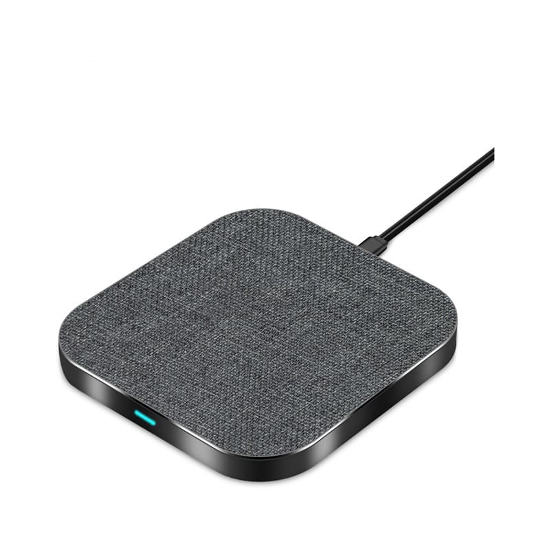 A square wireless charger in grey fabric with a black base, featuring a charging cable attached. Harris Fast Wireless Charger - Square - Image 1