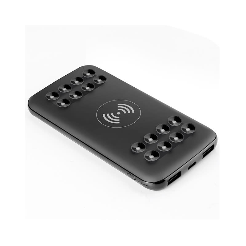 A black wireless power bank with a sleek design featuring multiple charging ports and a logo. Harwick Wireless Power Bank - 10,000 mAh - Image 1