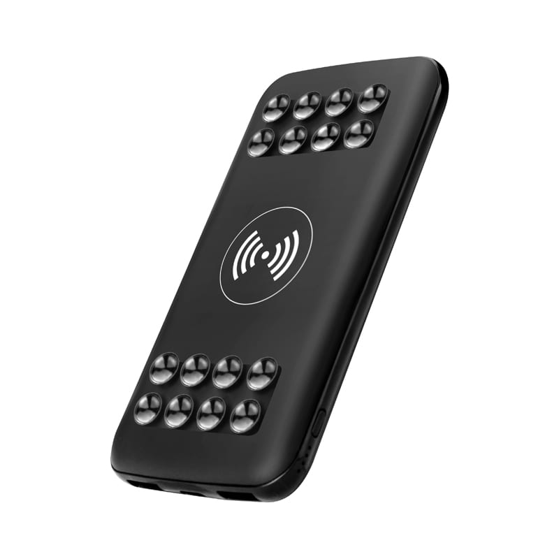 A sleek black wireless power bank featuring a light-up design and a logo, with an 8000 mAh capacity. Harwick Light-up Wireless Power Bank - 8000 mAh - Image 1