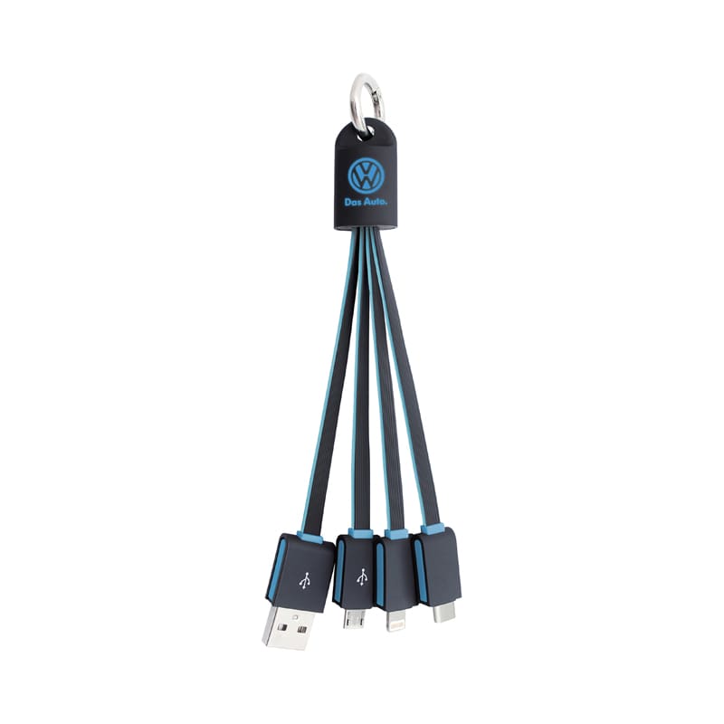 A multi-charge flat charging cable in black and blue with a keychain attachment and a logo. Parma Multi Charge Flat Charge Cable - Image 1