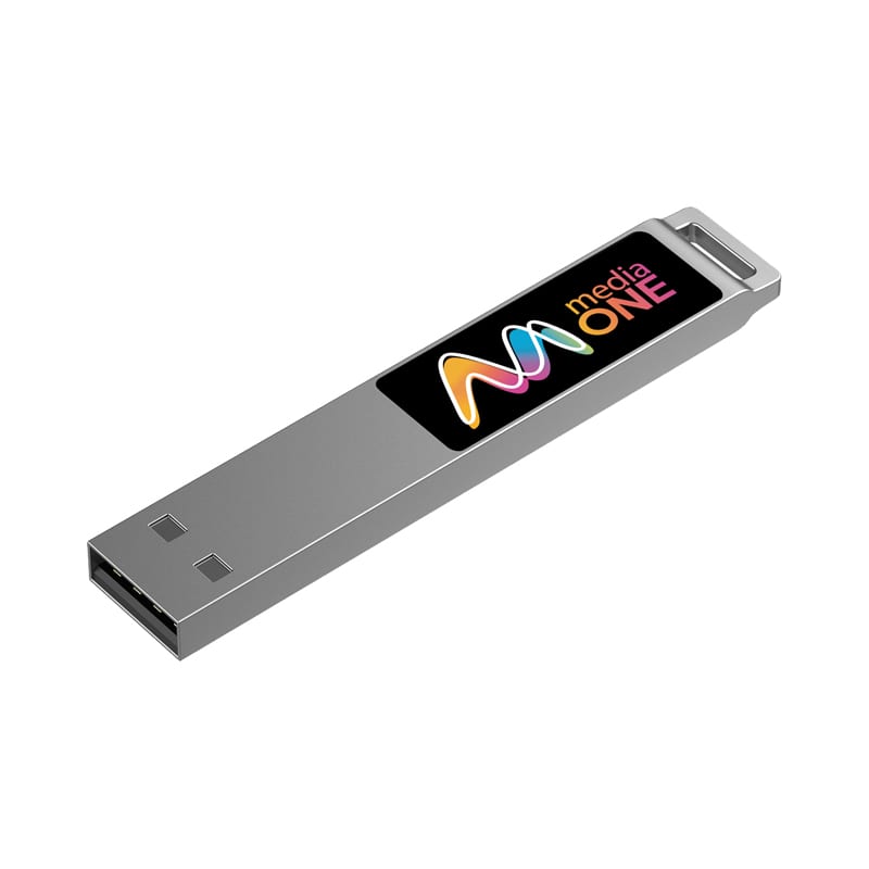 A sleek silver LED flash drive with a digital display, featuring a branding logo. Elders LED Flash Drive - Image 1
