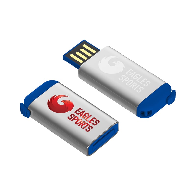 A blue and silver flash drive featuring a logo on both sides. It has a USB connection for data transfer. Regina Flash Drive - Image 1
