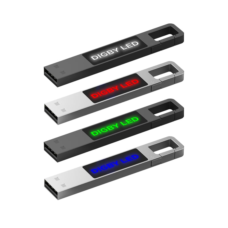 A collection of four Digby LED Flash Drives in black and silver, featuring different LED light colours: red, green, and blue. Digby LED Flash Drive - Image 1