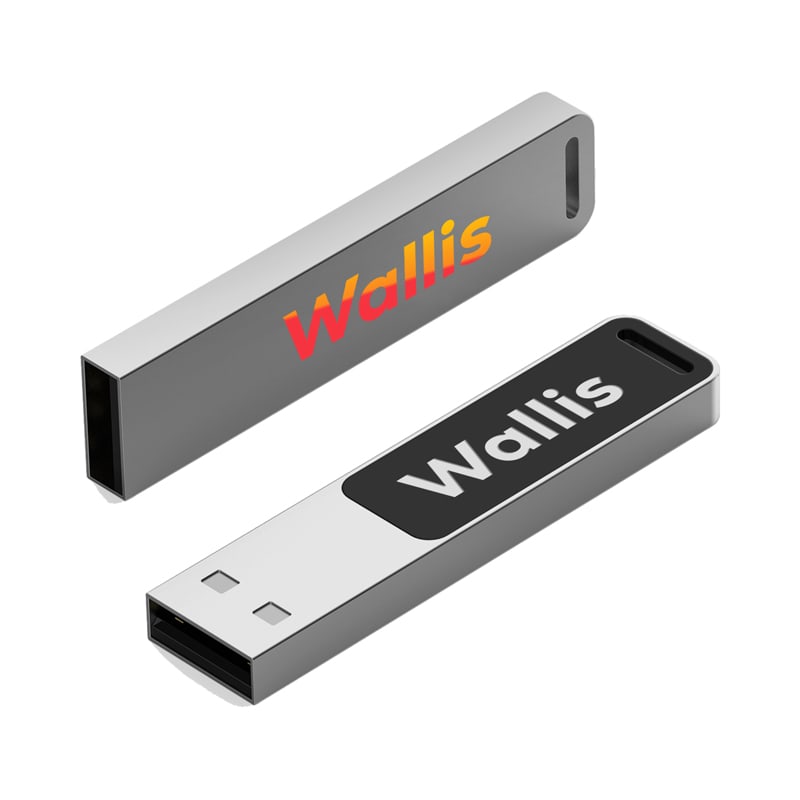 A silver and black USB flash drive featuring a logo on both sides. Wallis LED Flash Drive - Image 1