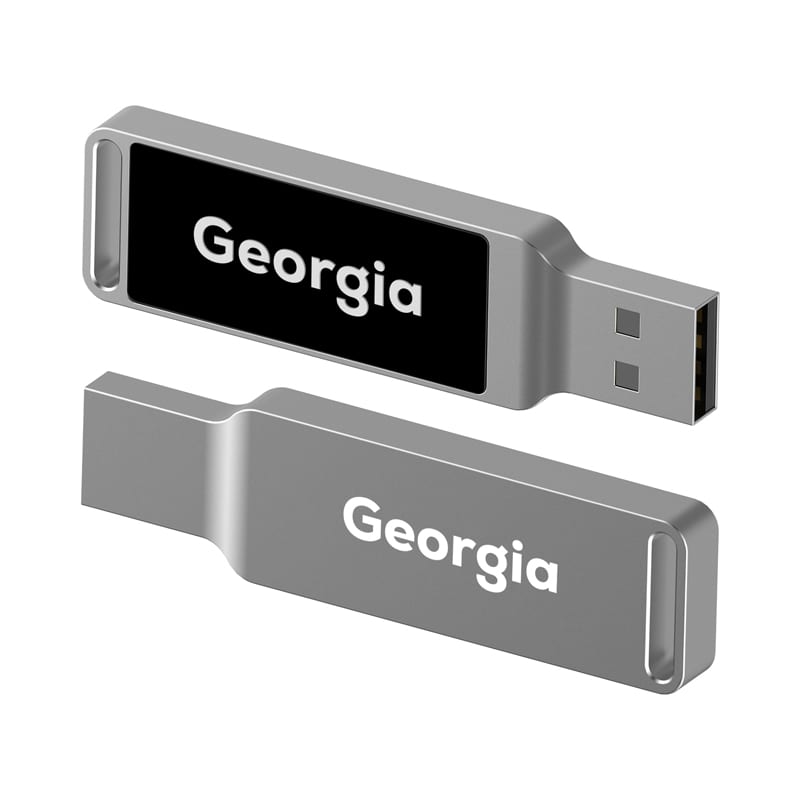 A silver LED flash drive with a black and white branded section, featuring a USB connector. Georgia LED Flash Drive - Image 1