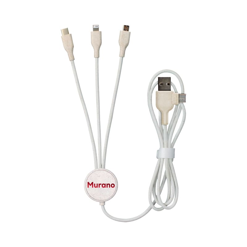 A white Murano charge cable featuring multiple connectors: USB, Lightning, and micro USB, with a circular branding tag. Murano Charge Cable - Image 1