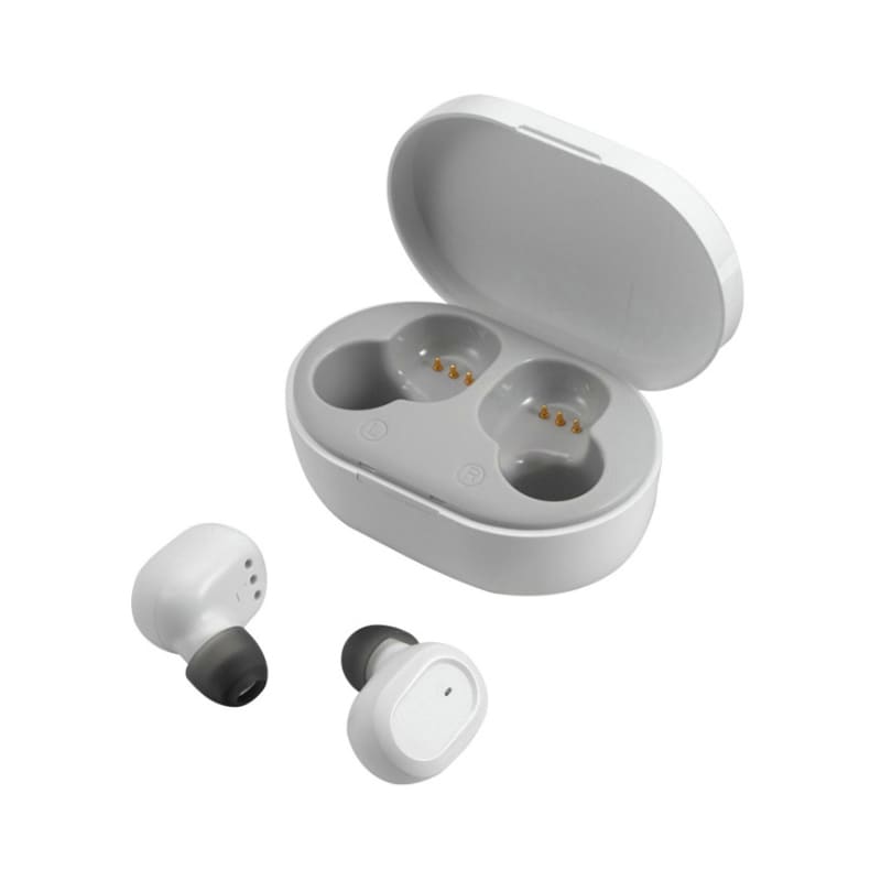 White true wireless stereo earbuds in a charging case, with one earbud placed outside the case. Rapid True Wireless Stereo Earbuds - Image 1