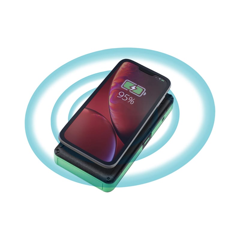 A power bank in black with a smartphone on top, surrounded by a glowing wireless charging effect. Europa Solar Wireless Power Bank - Image 1