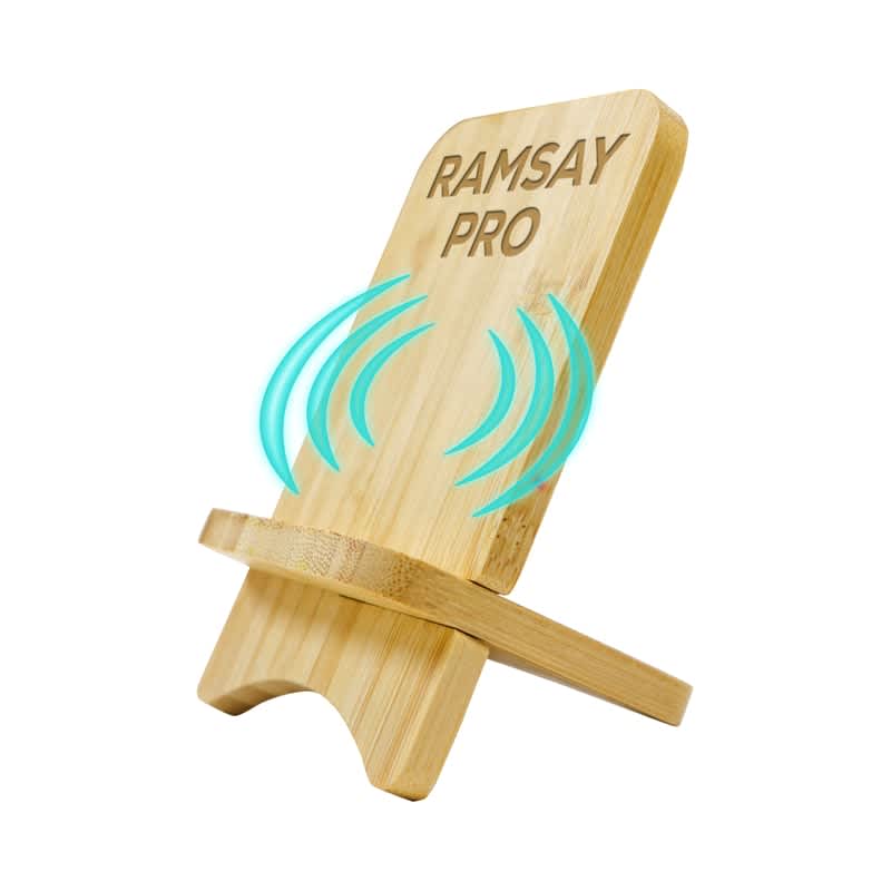 A wooden wireless charger stand with a minimalist design and a subtle glow effect, featuring a brand logo. Ramsay Pro 15W Wireless Charge Travel Stand - Image 1