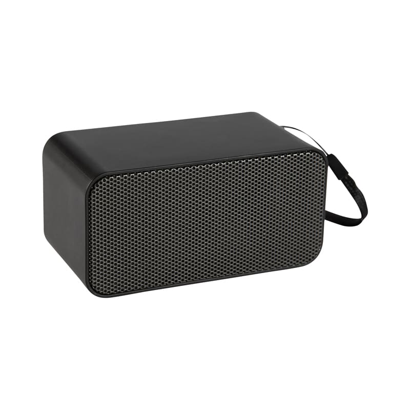 A black wireless charging speaker with a mesh front and a carrying strap. It features a logo on the side. Milton Wireless Charging Speaker - Image 1