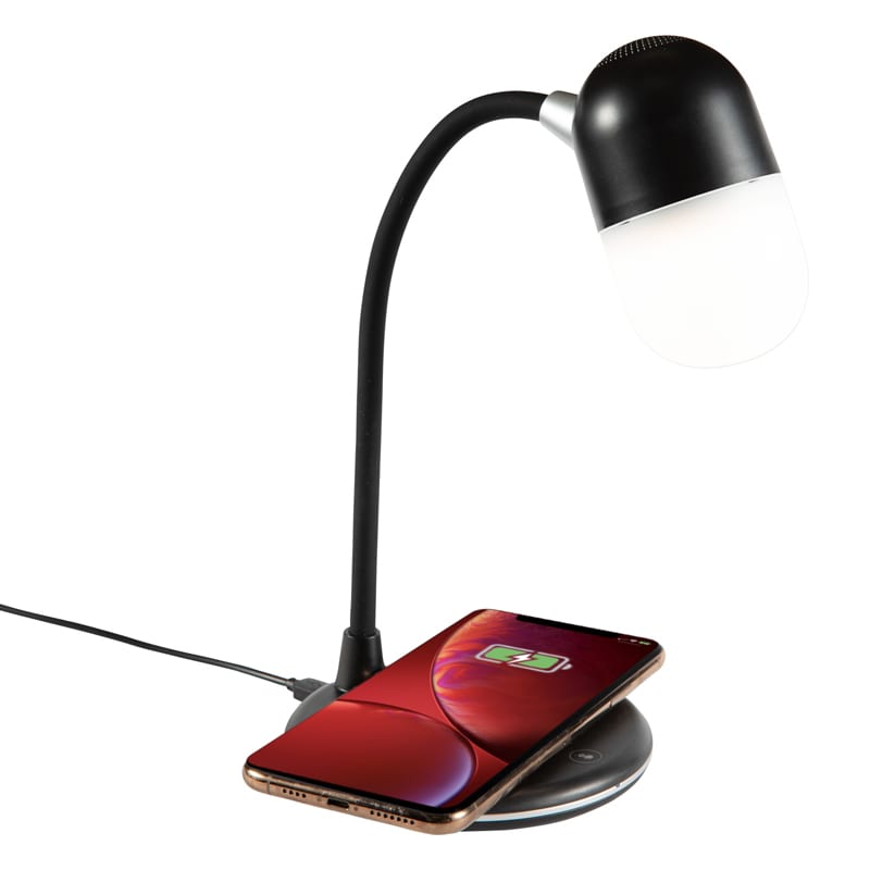 A black wireless charging sound lamp with a flexible neck beside a smartphone on a circular charging pad. Newark Wireless Charging Sound Lamp - Image 1