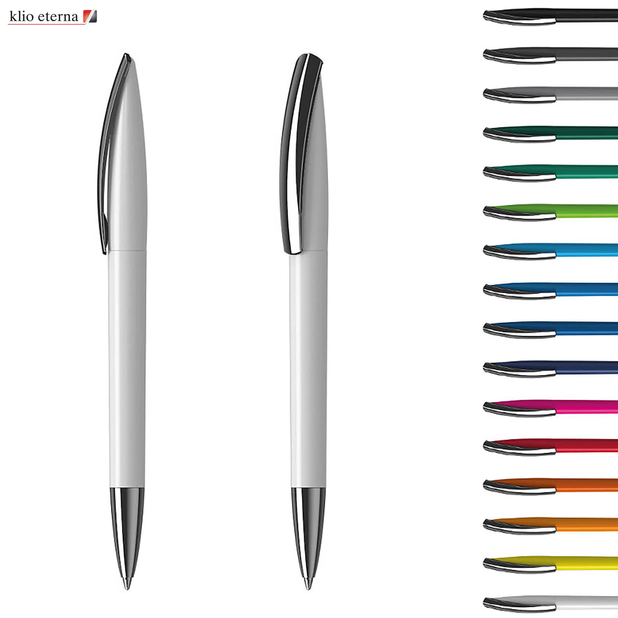 A set of plastic pens in various colours, featuring a sleek white design with chrome accents and a logo. Arca MM - Image 1