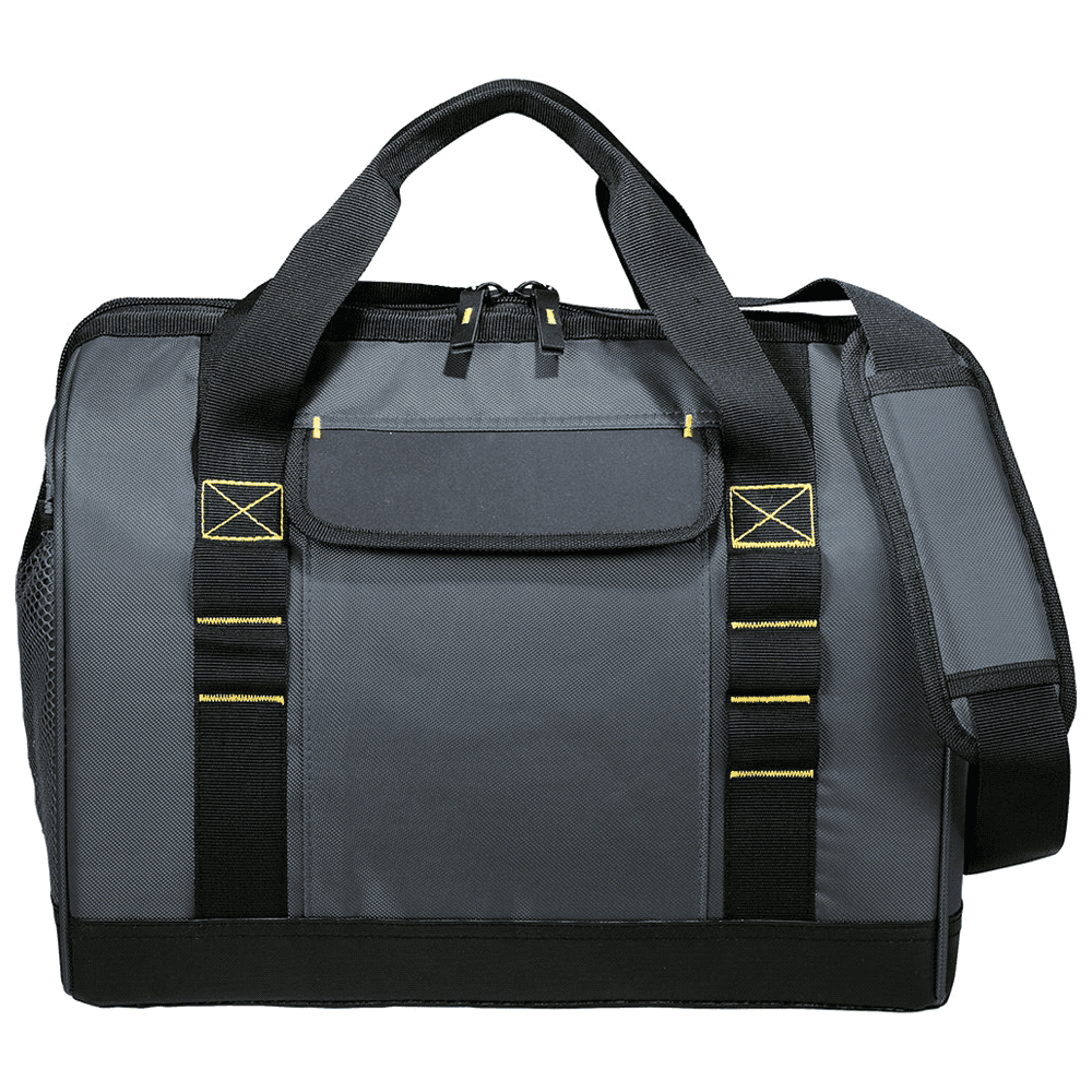 A grey cooler bag with black straps and accents, featuring a front pocket and a detachable shoulder strap. Arctic Zone Workmans Crib Cooler 18L - Image 1