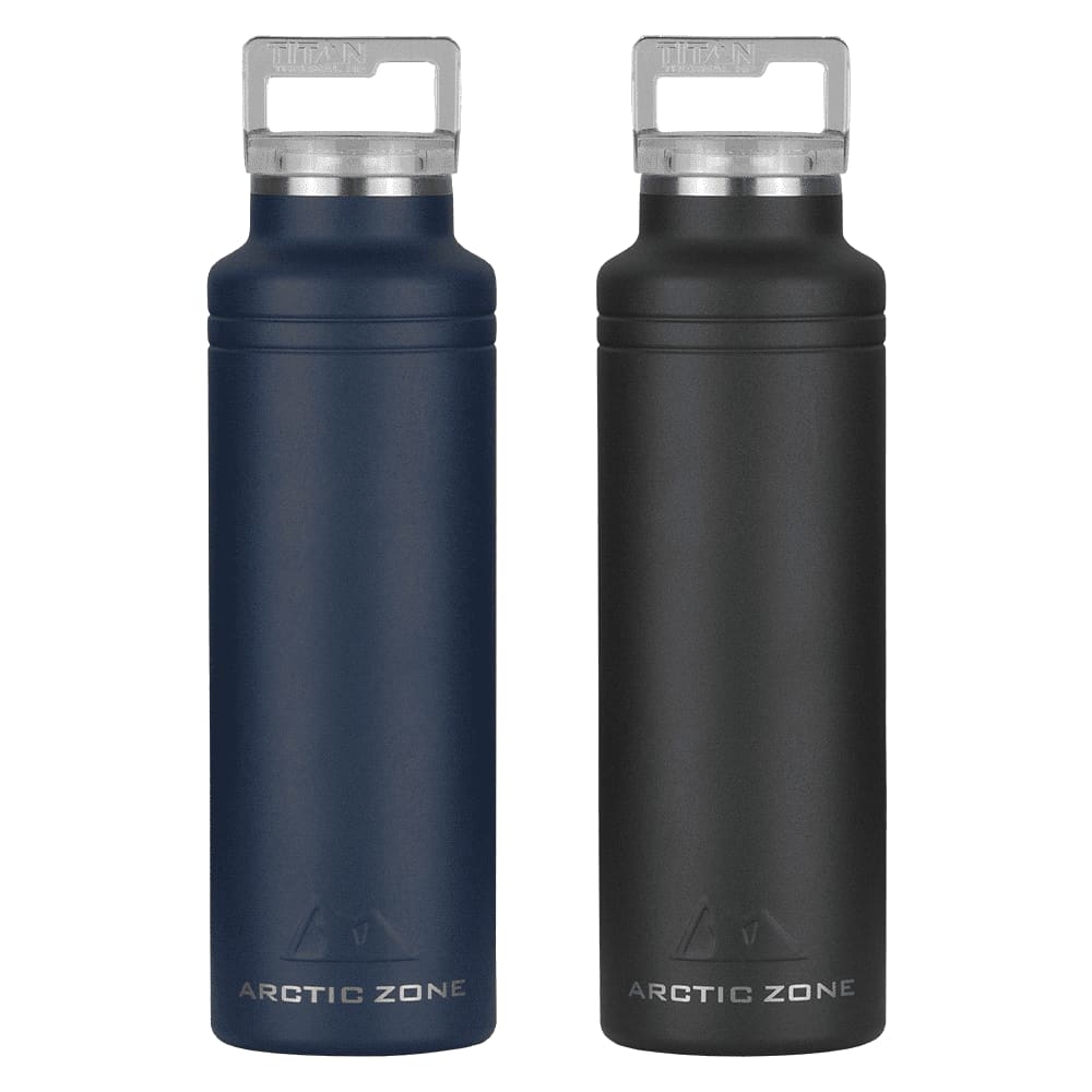 A drink bottle set featuring a navy blue and a black insulated design, both with a handle and a logo. Arctic Zone Titan Thermal Copper Bottle - 600ml - Image 1